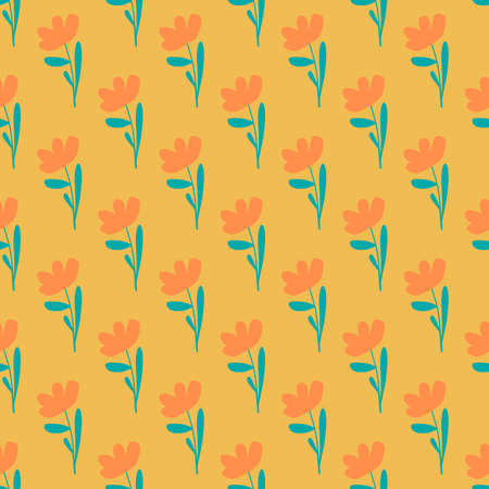 Orange cute simple flowers elements seamless doodle pattern. Yellow background. Summer print. Graphic design for wrapping paper and fabric textures. Vector Illustration.のイラスト素材