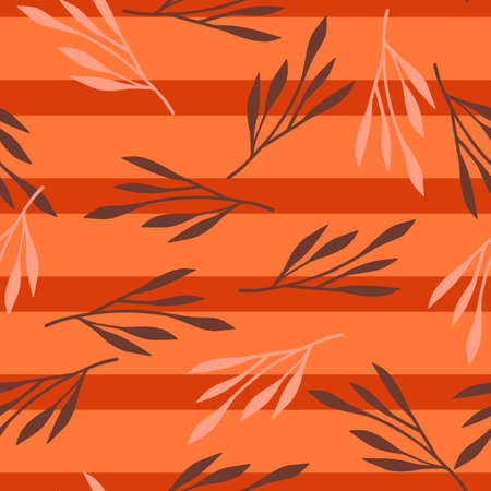 Random botanic leaf silhouettes seamless doodle pattern. Orange striped background. Summer season. Vector illustration for seasonal textile prints, fabric, banners, backdrops and wallpapers.のイラスト素材