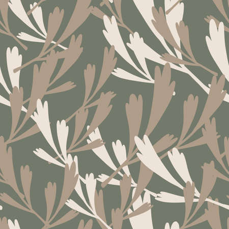 Pale spring seamless pattern with beige and grey simple leaf print. Grey dark background. Doodle style. Designed for fabric design, textile print, wrapping, cover. Vector illustration.のイラスト素材