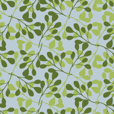Vintage spring style seamless pattern with green white eucalyptus shapes. Blue background. Geometric style. Designed for fabric design, textile print, wrapping, cover. Vector illustration.のイラスト素材