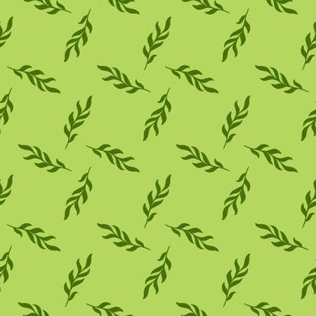 Hand drawn leaves twig silhouettes seamless pattern in doodle style. Green geometric style artwork. Graphic design for wrapping paper and fabric textures. Vector Illustration.のイラスト素材