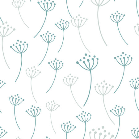 Isolated botanic seamless pattern with blue contoured dandelion flowers shapes. White background. Vector illustration for seasonal textile prints, fabric, banners, backdrops and wallpapers.のイラスト素材