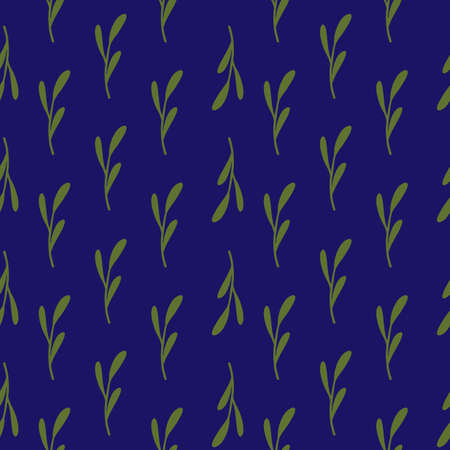 Random green minimalistic branches seamless pattern. Bright navy blue background. Simple style. Vector illustration for seasonal textile prints, fabric, banners, backdrops and wallpapers.のイラスト素材