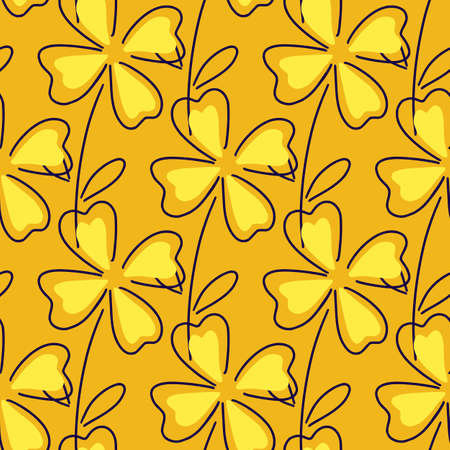 Nature seamless doodle pattern with yellow four-leaf clover ornament. Orange background. Doodle print. Graphic design for wrapping paper and fabric textures. Vector Illustration.のイラスト素材