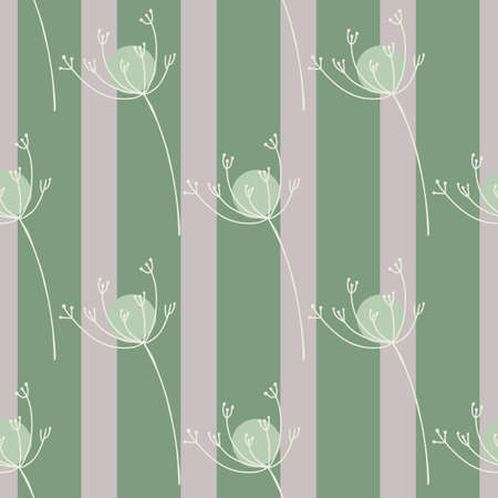 Hand drawn yarrow silhouettes seamless flower pattern. Pale purple and green striped background. Vector illustration for seasonal textile prints, fabric, banners, backdrops and wallpapers.のイラスト素材
