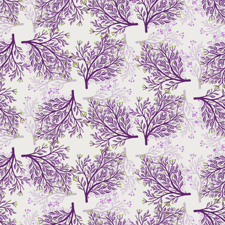 Purple random forest tree elements seamless pattern with shadows. Light blue background. Floral elements. Stock illustration. Vector design for textile, fabric, giftwrap, wallpapers.のイラスト素材