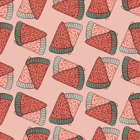 Pastel tones berries seamless doodle pattern with watermelon slice print. Pink pale background. Graphic design for wrapping paper and fabric textures. Vector Illustration.のイラスト素材