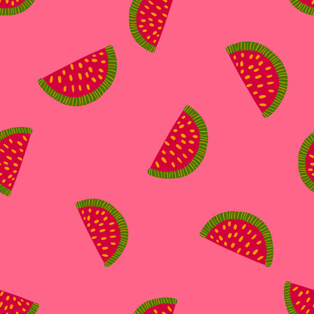 Summer fresh seamless pattern with bright red watermelon slice ornament. Pink background. Summer ornament. Flat vector print for textile, fabric, giftwrap, wallpapers. Endless illustration.のイラスト素材