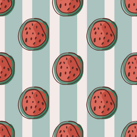 Red half watermelon silhouettes seamless pattern in abstract style. Blue pastel striped background. Flat vector print for textile, fabric, giftwrap, wallpapers. Endless illustration.のイラスト素材