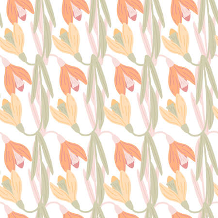 Pastel pink and orange colored spring snowdrops ornament seamless pattern. Isolated seasonal flowers backdrop. Vector illustration for seasonal textile prints, fabric, banners, backdropsのイラスト素材