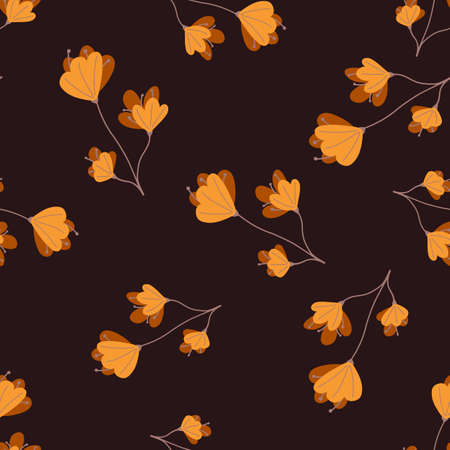 Random orange naive flowers elements seamless pattern. Maroon dark background. Vintage style. Flat vector print for textile, fabric, giftwrap, wallpapers. Endless illustration.のイラスト素材