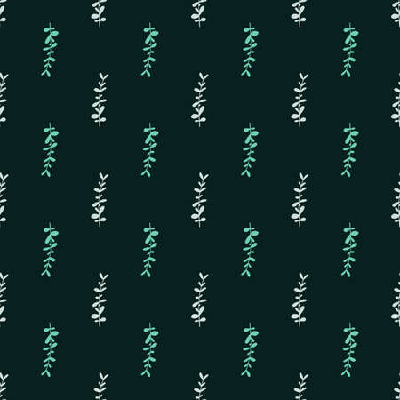 Green colored eucalyptus branches elements seamless pattern in doodle style. Dark green background. Graphic design for wrapping paper and fabric textures. Vector Illustration.のイラスト素材