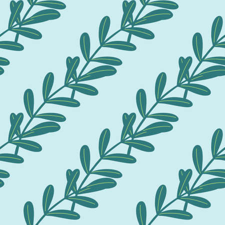 Botany seamless pattern with simple herbal twigs in turquoise color. Light blue background. Graphic design for wrapping paper and fabric textures. Vector Illustration.のイラスト素材