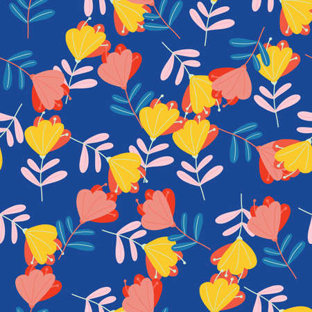 Pink and yellow colored doodle flowers seamless random pattern in hand drawn style. Navy blue background. Stock illustration. Vector design for textile, fabric, giftwrap, wallpapers.のイラスト素材