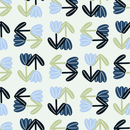 Decorative seamless pattern with blue and navy tulip flowers elements. Light grey background. Graphic design for wrapping paper and fabric textures. Vector Illustration.のイラスト素材
