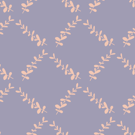 Geometric style seamless pattern with doodle light pink eucalyptus print. Pastel purple background....