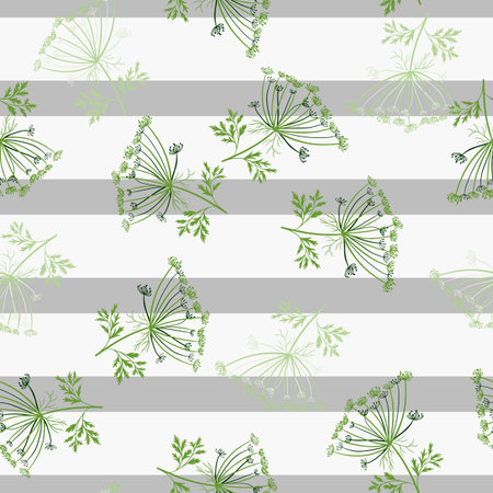 Green random yarrow silhouettes seamless print in hand drawn style. Blue and white striped background. Graphic design for wrapping paper and fabric textures. Vector Illustration.のイラスト素材