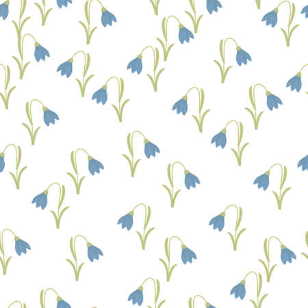 Botany seamless pattern with bright blue bluebell ornament print. Isolated flowers shapes. White background. Flat vector print for textile, fabric, giftwrap, wallpapers. Endless illustration.のイラスト素材