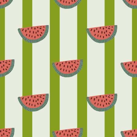 Summer seamless pattern with pink watermelon slice elements print. Green and grey striped...