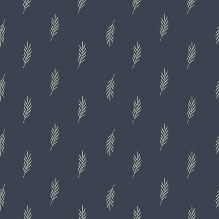 Little grey leaves branches silhouettes seamless doodle pattern. Navy blue background. Simple...