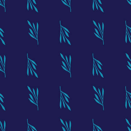 Botanic bright blue leaf silhouettes seamless doodle pattern. Navy blue background. Botany artwork. Vector illustration for seasonal textile prints, fabric, banners, backdrops and wallpapers.のイラスト素材