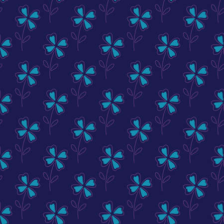 Bright blue four-leaf clower votanic seamless pattern in doodle style. Navy blue background. Vector illustration for seasonal textile prints, fabric, banners, backdrops and wallpapers.のイラスト素材