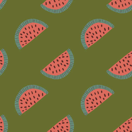 Diagonal doodle pink watermelon elements slice seamless pattern. Green olive background. Doodle style. Flat vector print for textile, fabric, giftwrap, wallpapers. Endless illustration.のイラスト素材