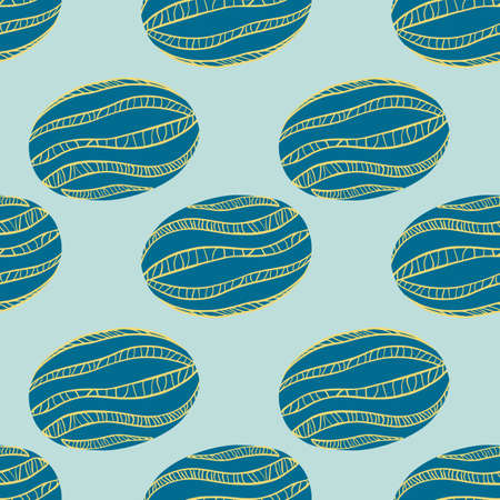 Healthy food seamless doodle pattern with blue striped watermelon ornament. Pastel blue background. Graphic design for wrapping paper and fabric textures. Vector Illustration.のイラスト素材