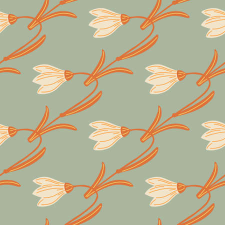 Orange colored bluebell ornament seamless pattern in hand drawn style. Pastel turquoise background. Flat vector print for textile, fabric, giftwrap, wallpapers. Endless illustration.のイラスト素材