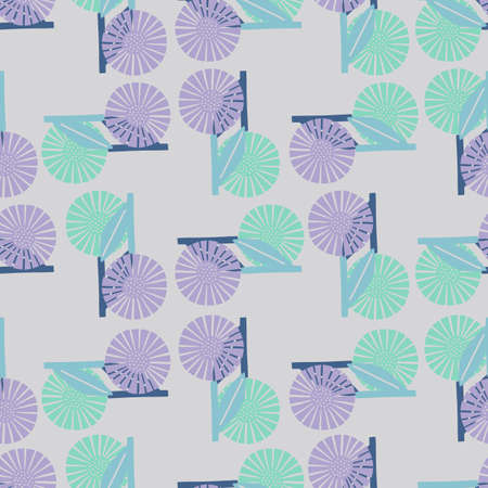 Purple and blue geometric flowers seamless pattern in doodle style. Grey background. Simple artwork. Vector illustration for seasonal textile prints, fabric, banners, backdrops and wallpapers.のイラスト素材