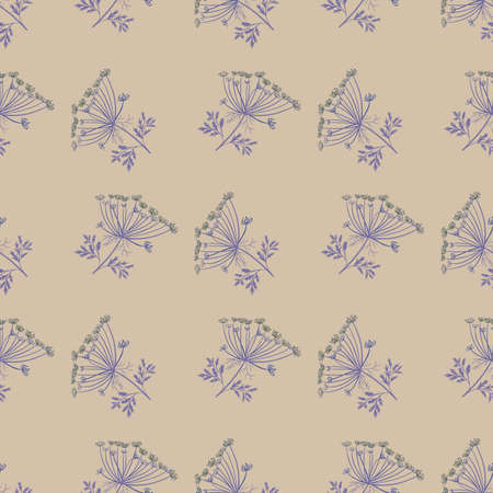 Organic botany seamless pattern with blue yarrow silhouettes. Beige background. Vintage nature ornament. Graphic design for wrapping paper and fabric textures. Vector Illustration.のイラスト素材
