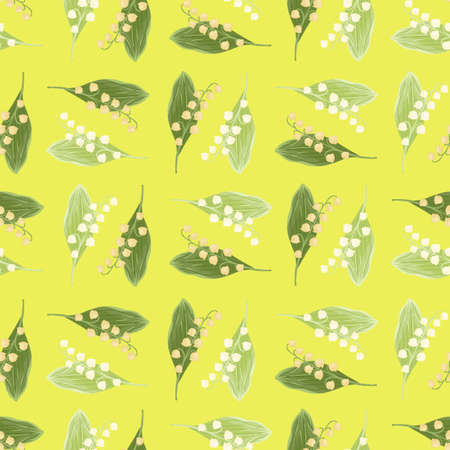 Green random vintage lily of the valley silhouettes seamless pattern in floral style. Yellow background. Graphic design for wrapping paper and fabric textures. Vector Illustration.のイラスト素材