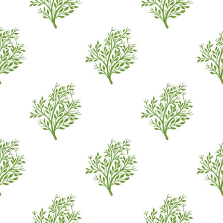 Isolated seamless pattern with green tree silhouettes ornament. White background. Floral shapes. Stock illustration. Vector design for textile, fabric, giftwrap, wallpapers.のイラスト素材