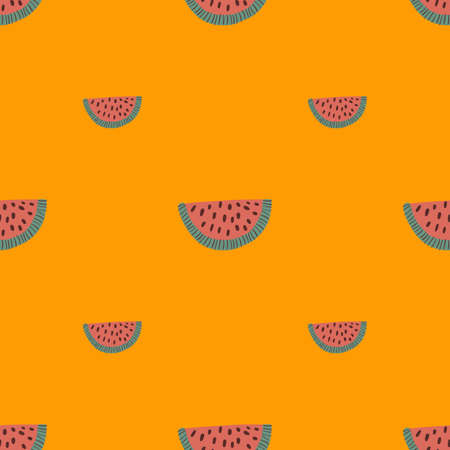Minimalistic seamless pattern with doodle pink watermelon slice elements. Orange background. Simple style. Flat vector print for textile, fabric, giftwrap, wallpapers. Endless illustration.のイラスト素材
