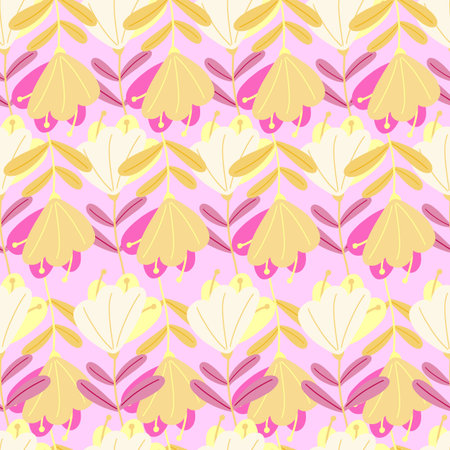 Decorative seamless pattern with doodle yellow flowers elements print. Pink and lilac background....