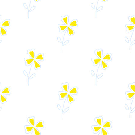 Minimalistic seamless floral pattern with yellow four-leaf clover elements. White isolated backdrop. Vector illustration for seasonal textile prints, fabric, banners, backdrops and wallpapers.のイラスト素材