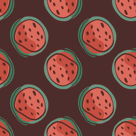 Pastel red watermelom half ornament seamless pattern. Brown background. Natural food ornament. Flat...