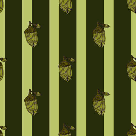 Autumn season seamless pattern with simple acorn shapes. Green striped background. Floral forest print. Vector illustration for seasonal textile prints, fabric, banners, backdrops and wallpapers.のイラスト素材