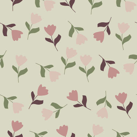 Botanic nature seamless pattern with random little simple tulip flowers elements. Grey background. Graphic design for wrapping paper and fabric textures. Vector Illustration.のイラスト素材