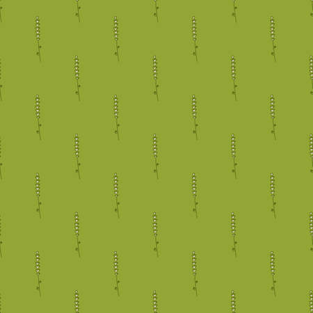 Organic herbal seamless pattern with doodle little lavender branches silhouettes print. Green background. Perfect for fabric design, textile print, wrapping, cover. Vector illustration.のイラスト素材
