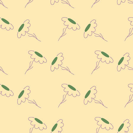 Abstract botany seamless pattern with doodle outline daisy elements. Light beige background. Simple style. Perfect for fabric design, textile print, wrapping, cover. Vector illustration.のイラスト素材