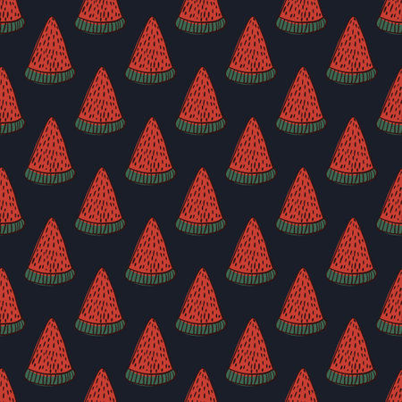 Healthy seamless pattern with red abstract watermelon slice ornament. Black background. Dark berry artwork. Graphic design for wrapping paper and fabric textures. Vector Illustration.のイラスト素材