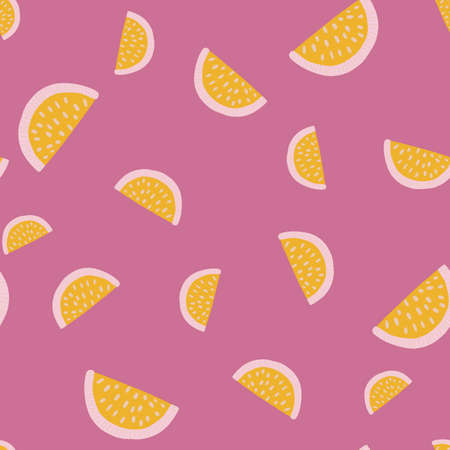 Organic vitamin seamless pattern with yellow random lemon slices shapes. Pink background. Doodle print. Flat vector print for textile, fabric, giftwrap, wallpapers. Endless illustration.のイラスト素材