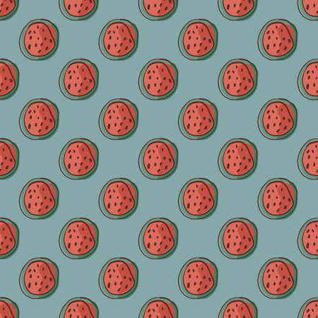 Food summer seamless patternw ith abstract red watermelon half shapes. Blue pastel background. Flat vector print for textile, fabric, giftwrap, wallpapers. Endless illustration.のイラスト素材