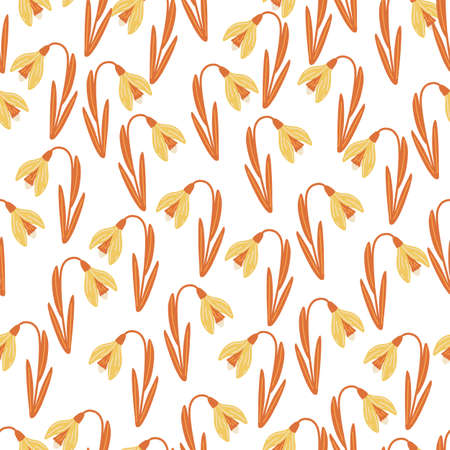 Decorative seamless isolated pattern with orange random snowdrops flowers ornament. White background. Vector illustration for seasonal textile prints, fabric, banners, backdrops and wallpapers.のイラスト素材