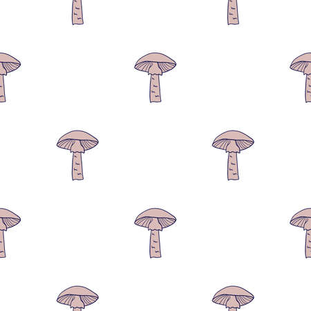Forest wild seamless pattern with lilac contoured mushroom silhouettes. White background. Isolated vegetable print. Graphic design for wrapping paper and fabric textures. Vector Illustration.のイラスト素材