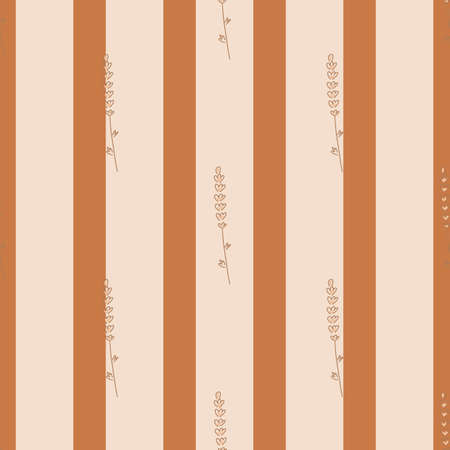 Minimalistic style seamless pattern with simple lavender vintage silhouettes. Orange and grey striped background. Perfect for fabric design, textile print, wrapping, cover. Vector illustration.のイラスト素材