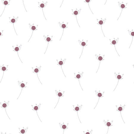 Isolated abstract seamless pattern with little purple meadow yarrow flowers ornament. White background. Graphic design for wrapping paper and fabric textures. Vector Illustration.のイラスト素材