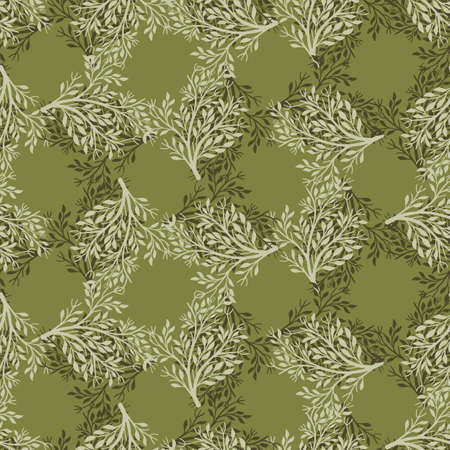 Decorative seamless pattern with abstract bush silhouettes shapes. Green olive background. Nature print. Stock illustration. Vector design for textile, fabric, giftwrap, wallpapers.のイラスト素材
