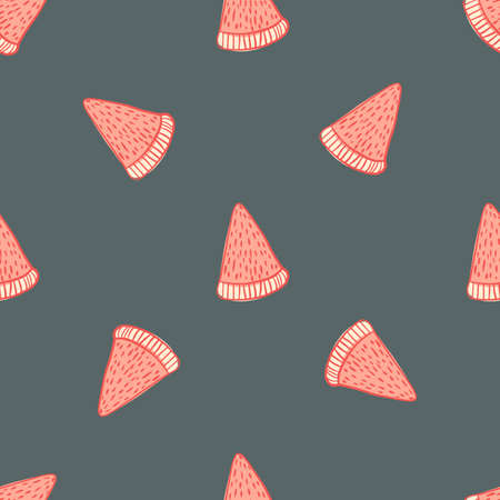 Random pink watermelon silhouettes seamless doodle pattern. Pale blue background. Minimalistic style. Graphic design for wrapping paper and fabric textures. Vector Illustration.のイラスト素材